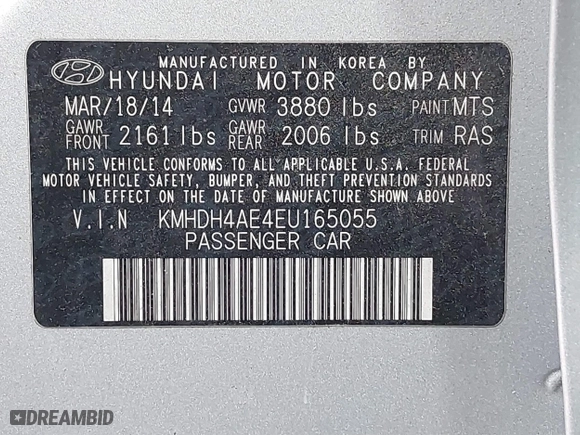2014 Hyundai Elantra SE with VIN KMHDH4AE4EU165055, listed as a IAAI auction lot 40819849 with 127,536 mi miles. Bid and sale history available at carsss.com. Image 9.