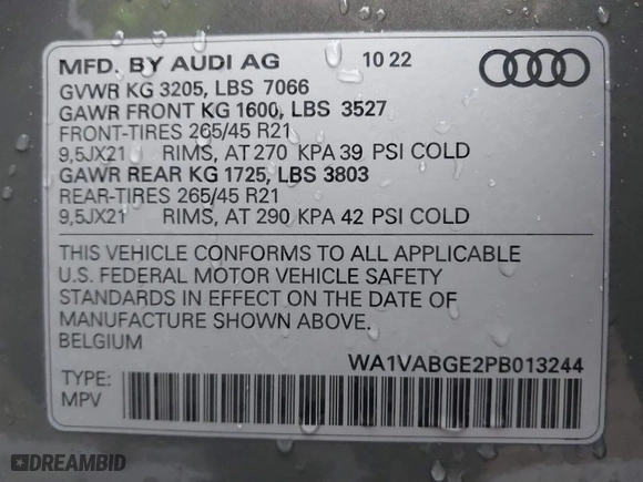 2023 Audi e-tron Prestige with VIN WA1VABGE2PB013244, listed as a IAAI auction lot 41283553 with NaN miles. Bid and sale history available at carsss.com. Image 9.