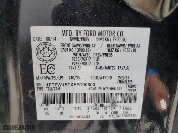 2014 Ford F-150 XL with VIN 1FTFW1ETXEFD00800, listed as a Copart auction lot 48725225 with 282,522 mi miles and Clean Title. Bid and sale history available at carsss.com. Image 12.