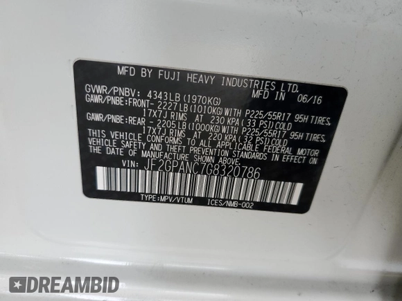 2016 Subaru Crosstrek Limited with VIN JF2GPANC7G8320786, listed as a Copart auction lot 62467415 with 132,533 mi miles and Salvage title. Bid and sale history available at DreamBid. Image 12.