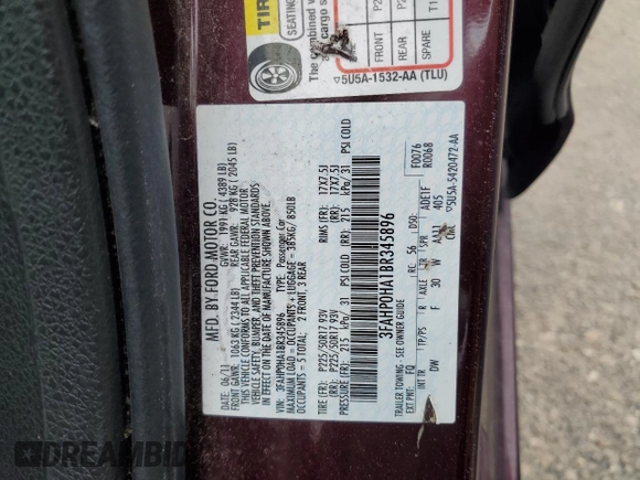 2011 Ford Fusion SE with VIN 3FAHP0HA1BR345896, listed as a Copart auction lot 50799955 with 54,656 mi miles and Salvage Title. Bid and sale history available at carsss.com. Image 12.