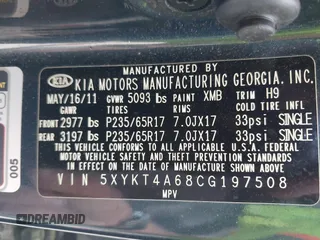 2012 Kia Sorento LX with VIN 5XYKT4A68CG197508, listed as a IAAI auction lot 42082566 with 195,862 mi miles. Bid and sale history available at carsss.com. Image 9.