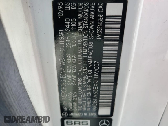 1994 Mercedes-Benz SL z VIN WDBFA63EXRF097007, wystawiony jako Copart lot #59714045 z przebiegiem Nie podano mil oraz Szkoda całkowita • Salvage title. Historia ofert i sprzedaży dostępna na DreamBid. Obrazek 12.