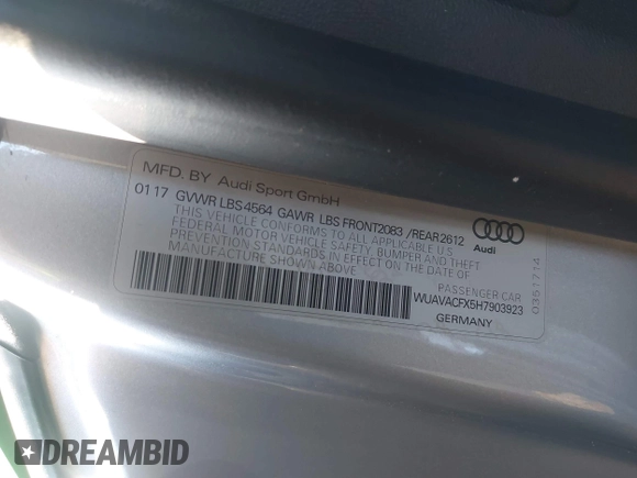 2017 Audi R8 z VIN WUAVACFX5H7903923, wystawiony jako IAAI lot #41348191 z przebiegiem 53 883 mil mil oraz . Historia ofert i sprzedaży dostępna na DreamBid. Obrazek 9.