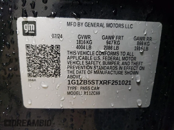 2024 Chevrolet Malibu LS with VIN 1G1ZB5STXRF251021, listed as a Copart auction lot 51766695 with 13,974 mi miles and Salvage Title. Bid and sale history available at DreamBid. Image 12.