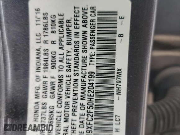 2017 Honda Civic Sedan LX with VIN 19XFC2F50HE204199, listed as a Copart auction lot 52629635 with 42,897 mi miles and Salvage Title. Bid and sale history available at carsss.com. Image 12.