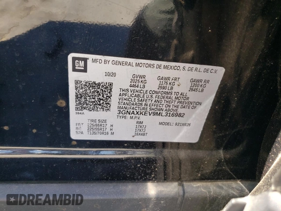 2021 Chevrolet Equinox LT with VIN 3GNAXKEV9ML316982, listed as a Copart auction lot 48827395 with 41,392 mi miles and Salvage Title. Bid and sale history available at DreamBid. Image 14.