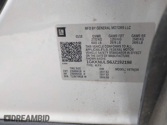 2018 GMC Acadia SLT z VIN 1GKKNULS6JZ192198, wystawiony jako IAAI lot #41820379 z przebiegiem 133 189 mil mil oraz . Historia ofert i sprzedaży dostępna na DreamBid. Obrazek 9.