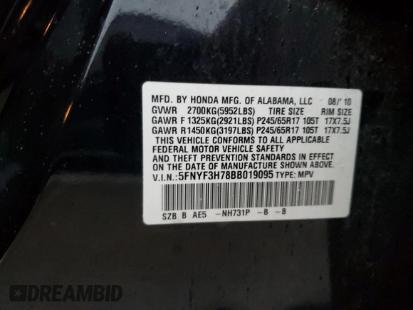 2011 Honda Pilot EX-L with VIN 5FNYF3H78BB019095, listed as a Copart auction lot 85223734 with 171,062 mi miles and Clean Title. Bid and sale history available at DreamBid. Image 13.