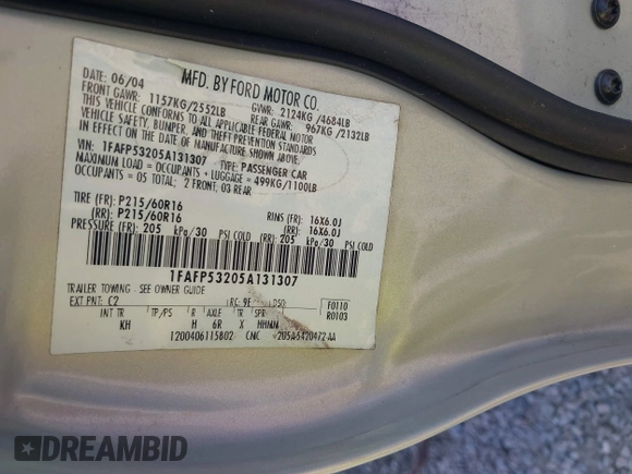 2005 Ford Taurus SE with VIN 1FAFP53205A131307, listed as a IAAI auction lot 42678385 with 198,491 mi miles and . Bid and sale history available at DreamBid. Image 9.