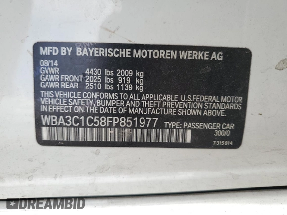 2015 BMW 3 Series 328i with VIN WBA3C1C58FP851977, listed as a Copart auction lot 52918995 with 79,291 mi miles and Salvage title. Bid and sale history available at DreamBid. Image 12.