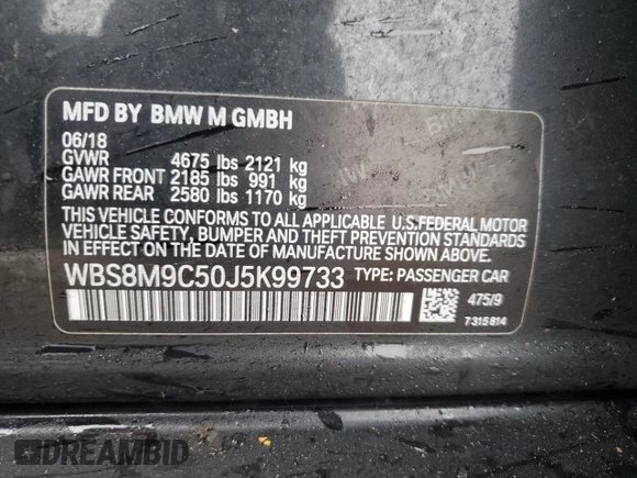 2018 BMW M3 with VIN WBS8M9C50J5K99733, listed as a Copart auction lot 38483924 with 40,210 mi miles. Bid and sale history available at carsss.com. Image 12.
