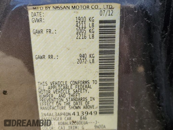 2013 Nissan Altima S with VIN 1N4AL3AP4DN413949, listed as a Copart auction lot 83835624 with Not Provided miles and Non Repairable. Bid and sale history available at DreamBid. Image 12.