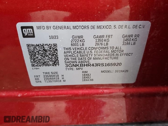 2024 Chevrolet Blazer LT z VIN 3GNKBHR43RS165920, wystawiony jako Copart lot #51974995 z przebiegiem 11 871 mil mil oraz Szkoda całkowita • Salvage title. Historia ofert i sprzedaży dostępna na DreamBid. Obrazek 14.