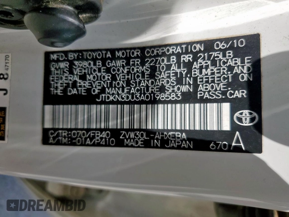 2010 Toyota Prius II with VIN JTDKN3DU3A0198583, listed as a Copart auction lot 53904705 with 136,126 mi miles and Salvage Title. Bid and sale history available at DreamBid. Image 13.