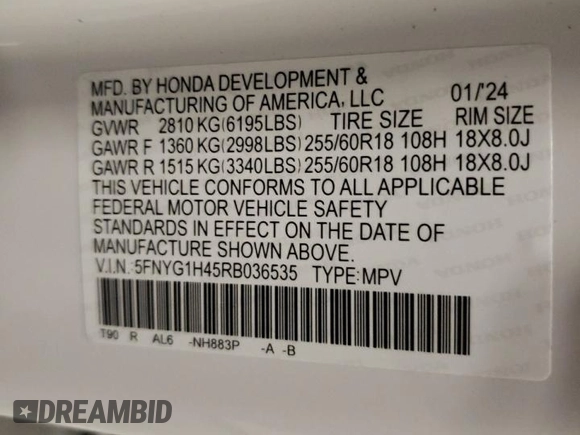 2024 Honda Pilot EX-L 8 Passenger with VIN 5FNYG1H45RB036535, listed as a Copart auction lot 78536024 with 7,167 mi miles and Salvage Title. Bid and sale history available at carsss.com. Image 15.