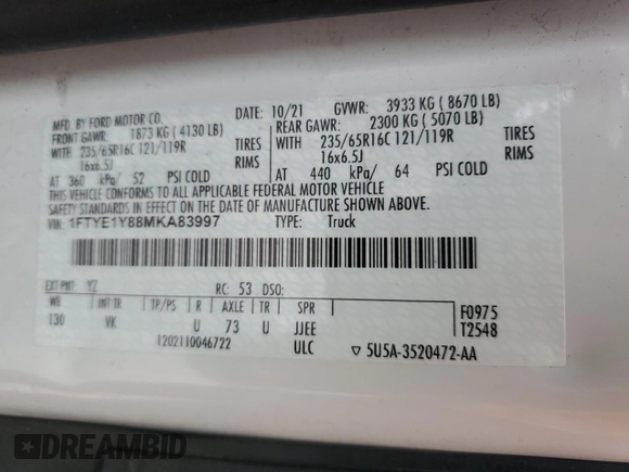 2021 Ford Transit Cargo with VIN 1FTYE1Y88MKA83997, listed as a Copart auction lot 73294104 with 179,679 mi miles and Salvage Title. Bid and sale history available at carsss.com. Image 13.
