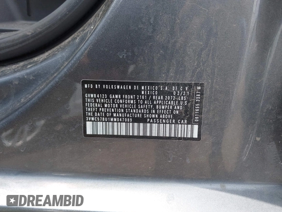 2021 Volkswagen Jetta S with VIN 3VWC57BU1MM047089, listed as a IAAI auction lot 42566747 with 80,639 mi miles and . Bid and sale history available at DreamBid. Image 9.