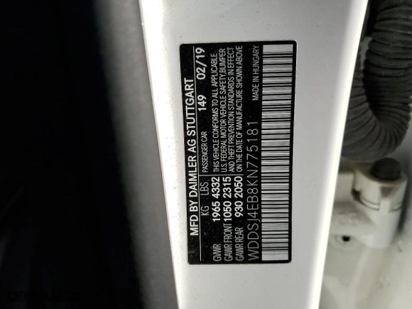 2019 Mercedes-Benz CLA with VIN WDDSJ4EB8KN775181, listed as a Copart auction lot 46751355 with 43,459 mi miles and Salvage Title. Bid and sale history available at carsss.com. Image 15.
