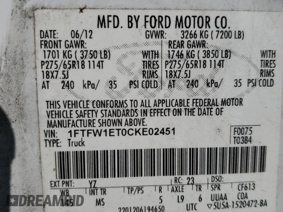 2012 Ford F-150 XL with VIN 1FTFW1ET0CKE02451, listed as a Copart auction lot 52350265 with 270,899 mi miles and Salvage Title. Bid and sale history available at carsss.com. Image 14.