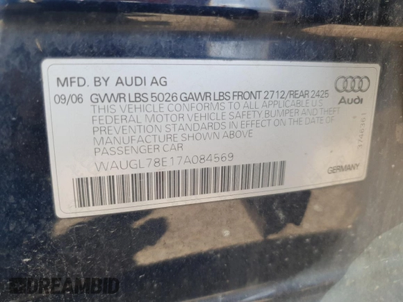 2007 Audi S4 z VIN WAUGL78E17A084569, wystawiony jako Copart lot #50962445 z przebiegiem 173 085 mil mil oraz Tytuł czysty. Historia ofert i sprzedaży dostępna na DreamBid. Obrazek 13.
