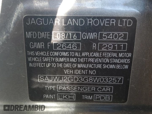2016 Jaguar XJ Portfolio z VIN SAJWJ2GD3G8W03257, wystawiony jako Copart lot #76550324 z przebiegiem 79 205 mil mil oraz Szkoda całkowita • Salvage title. Historia ofert i sprzedaży dostępna na DreamBid. Obrazek 13.