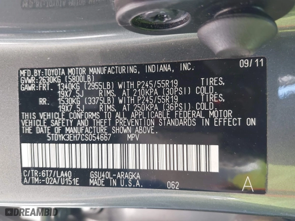 2012 Toyota Highlander Limited with VIN 5TDYK3EH7CS054667, listed as a IAAI auction lot 41716240 with 234,682 mi miles. Bid and sale history available at carsss.com. Image 9.