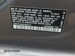 2015 Volkswagen Passat SEL Premium with VIN 1VWCV7A34FC006176, listed as a Copart auction lot 60224195 with 107,983 mi miles and Salvage title. Bid and sale history available at DreamBid. Image 12.