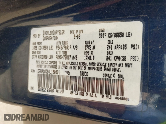 2004 Dodge 1500 SLT with VIN 1D7HA18D94J150031, listed as a IAAI auction lot 42220282 with 249,517 mi miles and . Bid and sale history available at DreamBid. Image 9.