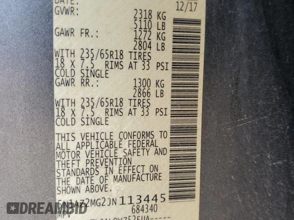 2018 Nissan Murano S z VIN 5N1AZ2MG2JN113445, wystawiony jako Copart lot #59163415 z przebiegiem 159 644 mil mil oraz Szkoda całkowita • Salvage title. Historia ofert i sprzedaży dostępna na DreamBid. Obrazek 13.