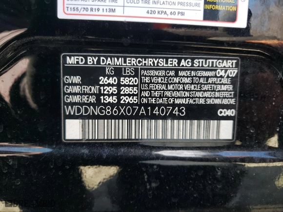 2007 Mercedes-Benz S-Class 5.5L V8 with VIN WDDNG86X07A140743, listed as a Copart auction lot 49388175 with 151,797 mi miles and Salvage Title. Bid and sale history available at carsss.com. Image 12.
