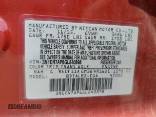 2016 Nissan Versa S with VIN 3N1CN7AP6GL840898, listed as a Copart auction lot 61852505 with Not provided miles and Salvage title. Bid and sale history available at DreamBid. Image 12.