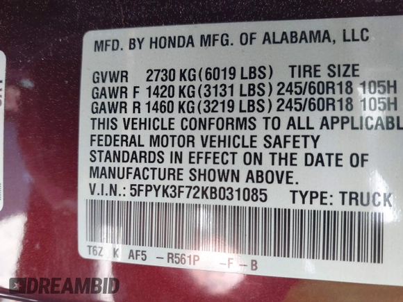 2019 Honda Ridgeline RTL-E with VIN 5FPYK3F72KB031085, listed as a IAAI auction lot 42236249 with 73,612 mi miles and . Bid and sale history available at DreamBid. Image 9.