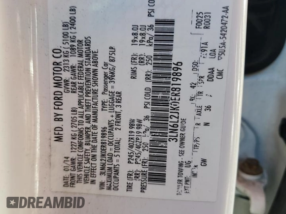 2014 Lincoln MKZ with VIN 3LN6L2JK0ER819896, listed as a Copart auction lot 57110025 with Not provided miles and Salvage title. Bid and sale history available at DreamBid. Image 12.
