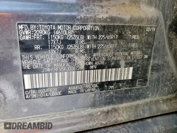 2019 Toyota RAV4 LE with VIN JTMH1RFV5KJ008728, listed as a Copart auction lot 57616855 with 94,242 mi miles and Clean title. Bid and sale history available at DreamBid. Image 13.