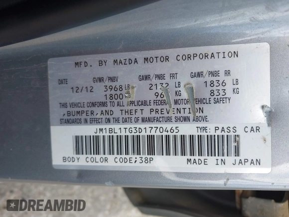 2013 Mazda 3 i SV with VIN JM1BL1TG3D1770465, listed as a IAAI auction lot 42273000 with 190,627 mi miles and . Bid and sale history available at DreamBid. Image 9.