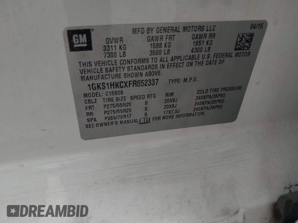 2015 GMC Yukon XL SLT with VIN 1GKS1HKCXFR652337, listed as a IAAI auction lot 41330287 with 139,268 mi miles. Bid and sale history available at carsss.com. Image 9.