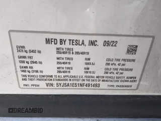 2022 Tesla Model S with VIN 5YJSA1E51NF491493, listed as a IAAI auction lot 41570494 with Not Provided miles and . Bid and sale history available at DreamBid. Image 9.