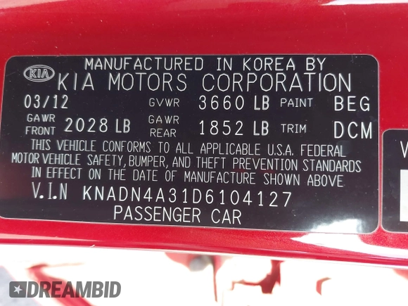 2013 Kia Rio EX with VIN KNADN4A31D6104127, listed as a IAAI auction lot 41914196 with 98,996 mi miles and . Bid and sale history available at DreamBid. Image 9.