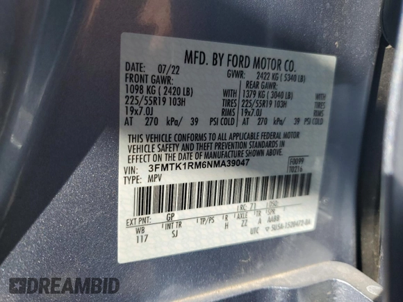 2022 Ford Mustang Mach-E Select z VIN 3FMTK1RM6NMA39047, wystawiony jako Copart lot #43374505 z przebiegiem 27 675 mil mil oraz Szkoda całkowita • Salvage title. Historia ofert i sprzedaży dostępna na DreamBid. Obrazek 13.