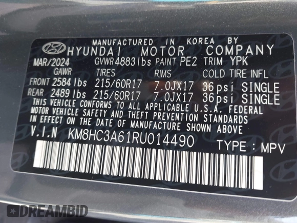 2024 Hyundai Kona SEL with VIN KM8HC3A61RU014490, listed as a IAAI auction lot 41022202 with 5,768 mi miles and . Bid and sale history available at DreamBid. Image 9.