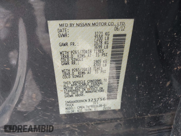 2012 Nissan Titan SV with VIN 1N6AA0EDXCN325756, listed as a IAAI auction lot 42025837 with 218,658 mi miles and . Bid and sale history available at DreamBid. Image 9.