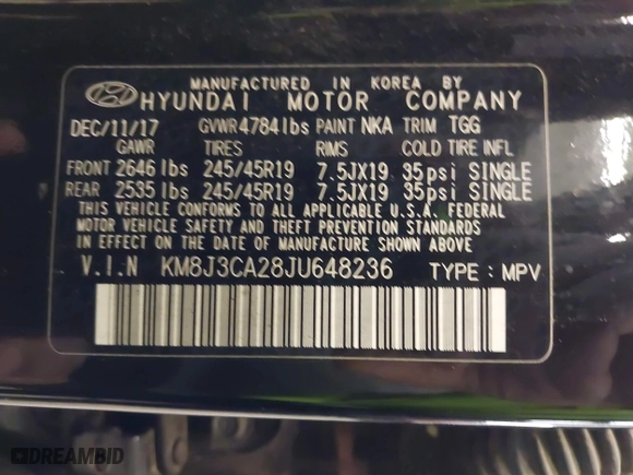 2018 Hyundai Tucson Value with VIN KM8J3CA28JU648236, listed as a IAAI auction lot 41161221 with 104,057 mi miles. Bid and sale history available at carsss.com. Image 9.