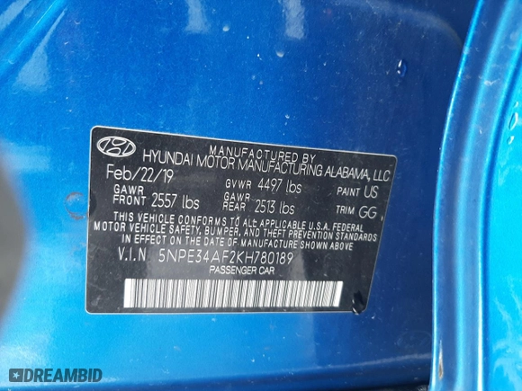 2019 Hyundai Sonata Sport with VIN 5NPE34AF2KH780189, listed as a Copart auction lot 45544935 with 86,258 mi miles and Salvage Title. Bid and sale history available at carsss.com. Image 12.