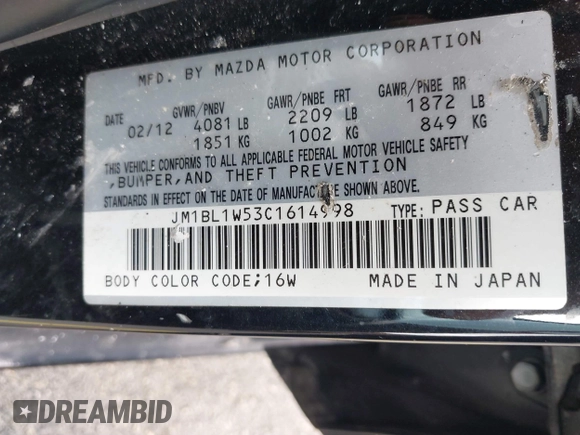 2012 Mazda 3 S Grand Touring with VIN JM1BL1W53C1614998, listed as a IAAI auction lot 41638382 with 171,897 mi miles and . Bid and sale history available at DreamBid. Image 9.