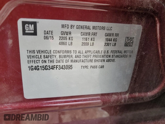 2015 Buick LaCrosse with VIN 1G4G15G34FF343095, listed as a Copart auction lot 56272135 with 46,645 mi miles and Salvage title. Bid and sale history available at DreamBid. Image 13.