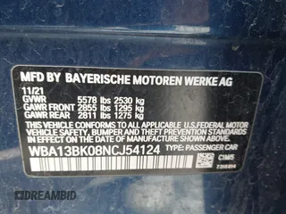2022 BMW 5 Series M550i xDrive with VIN WBA13BK08NCJ54124, listed as a IAAI auction lot 41977413 with Not provided miles and . Bid and sale history available at DreamBid. Image 9.