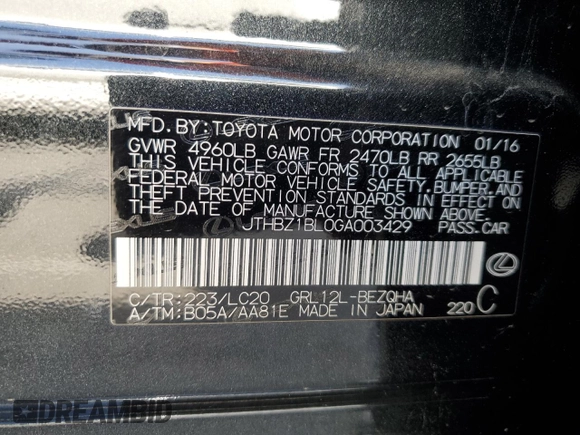 2016 Lexus GS 350 with VIN JTHBZ1BL0GA003429, listed as a Copart auction lot 62289985 with 182,281 mi miles and Salvage title. Bid and sale history available at DreamBid. Image 12.