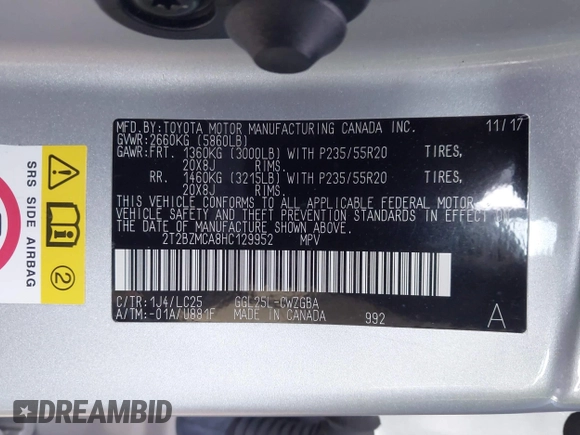 2017 Lexus RX 350 with VIN 2T2BZMCA8HC129952, listed as a IAAI auction lot 41743570 with 52,818 mi miles and . Bid and sale history available at DreamBid. Image 9.
