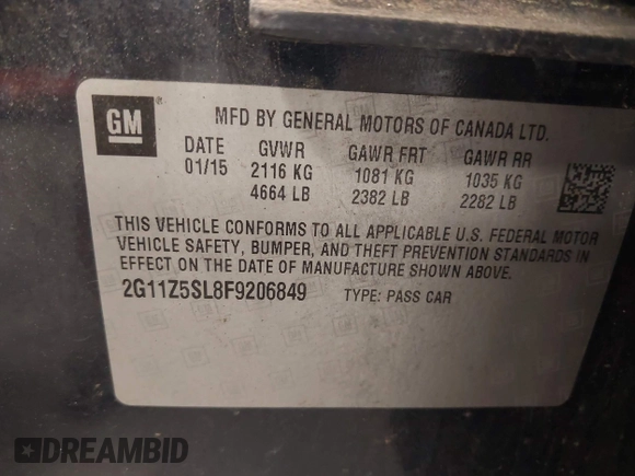 2015 Chevrolet Impala LS with VIN 2G11Z5SL8F9206849, listed as a IAAI auction lot 42760689 with 156,520 mi miles and . Bid and sale history available at DreamBid. Image 9.